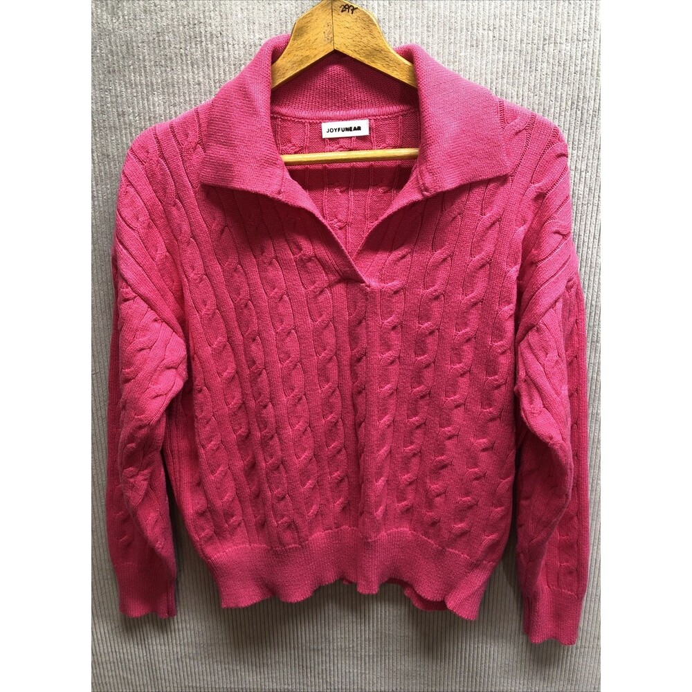 Joyfunear Cableknit Sweater Size M Pink V Neck Collar Barbiecore Feminine